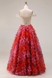 Fuchsia A-lijn off-the-shoulder pailletten lange galajurk met 3D-bloemen