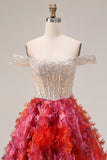 Fuchsia A-lijn off-the-shoulder pailletten lange galajurk met 3D-bloemen