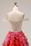 Fuchsia A-lijn off-the-shoulder pailletten lange galajurk met 3D-bloemen
