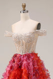 Fuchsia A-lijn off-the-shoulder pailletten lange galajurk met 3D-bloemen