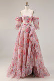 Roze bloemen A-lijn off the shoulder puffmouwen chiffon lange galajurk met gerimpelde rok