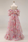 Roze bloemen A-lijn off the shoulder puffmouwen chiffon lange galajurk met gerimpelde rok