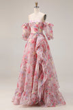 Roze bloemen A-lijn off the shoulder puffmouwen chiffon lange galajurk met gerimpelde rok