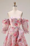 Roze bloemen A-lijn off the shoulder puffmouwen chiffon lange galajurk met gerimpelde rok