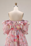 Roze bloemen A-lijn off the shoulder puffmouwen chiffon lange galajurk met gerimpelde rok