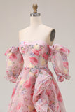 Roze bloemen A-lijn off the shoulder puffmouwen chiffon lange galajurk met gerimpelde rok