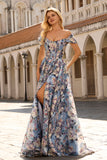 Blauwe bloemen A-lijn off-the-shoulder korset lange galajurk met split