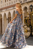 Blauwe bloemen A-lijn off-the-shoulder korset lange galajurk met split