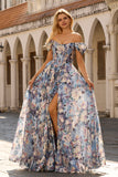 Blauwe bloemen A-lijn off-the-shoulder korset lange galajurk met split