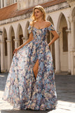Blauwe bloemen A-lijn off-the-shoulder korset lange galajurk met split