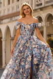 Blauwe bloemen A-lijn off-the-shoulder korset lange galajurk met split