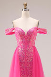 Glinsterende Fuchsia Zeemeermin Off-the-Shoulder Convertible Lange Galajurk met pailletten