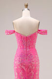 Glinsterende Fuchsia Zeemeermin Off-the-Shoulder Convertible Lange Galajurk met pailletten