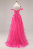 Glinsterende Fuchsia Zeemeermin Off-the-Shoulder Convertible Lange Galajurk met pailletten