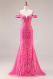 Glinsterende Fuchsia Zeemeermin Off-the-Shoulder Convertible Lange Galajurk met pailletten