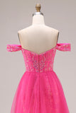 Glinsterende Fuchsia Zeemeermin Off-the-Shoulder Convertible Lange Galajurk met pailletten