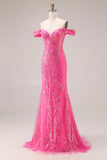 Glinsterende Fuchsia Zeemeermin Off-the-Shoulder Convertible Lange Galajurk met pailletten