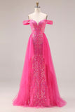 Glinsterende Fuchsia Zeemeermin Off-the-Shoulder Convertible Lange Galajurk met pailletten