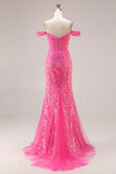Glinsterende Fuchsia Zeemeermin Off-the-Shoulder Convertible Lange Galajurk met pailletten