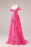 Glinsterende Fuchsia Zeemeermin Off-the-Shoulder Convertible Lange Galajurk met pailletten