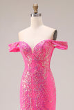 Glinsterende Fuchsia Zeemeermin Off-the-Shoulder Convertible Lange Galajurk met pailletten