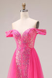 Glinsterende Fuchsia Zeemeermin Off-the-Shoulder Convertible Lange Galajurk met pailletten