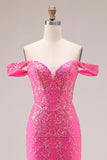 Glinsterende Fuchsia Zeemeermin Off-the-Shoulder Convertible Lange Galajurk met pailletten