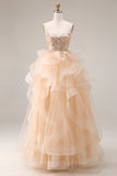 Champagne strapless organza A-lijn lange galajurk met ruches