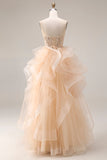 Champagne strapless organza A-lijn lange galajurk met ruches