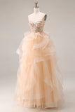 Champagne strapless organza A-lijn lange galajurk met ruches