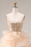 Champagne strapless organza A-lijn lange galajurk met ruches