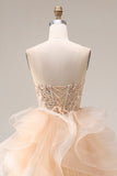 Champagne strapless organza A-lijn lange galajurk met ruches