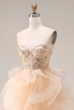 Champagne strapless organza A-lijn lange galajurk met ruches