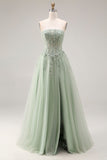 Stoffige groene tule A-lijn korset strapless appliqueerde lange galajurk met split