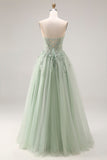 Stoffige groene tule A-lijn korset strapless appliqueerde lange galajurk met split