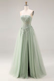 Stoffige groene tule A-lijn korset strapless appliqueerde lange galajurk met split