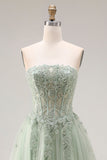 Stoffige groene tule A-lijn korset strapless appliqueerde lange galajurk met split