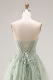 Stoffige groene tule A-lijn korset strapless appliqueerde lange galajurk met split