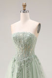 Stoffige groene tule A-lijn korset strapless appliqueerde lange galajurk met split