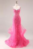 Fuchsia Organza zeemeermin korset Spaghetti bandjes lange galajurk met applicaties