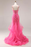Fuchsia Organza zeemeermin korset Spaghetti bandjes lange galajurk met applicaties