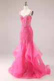 Fuchsia Organza zeemeermin korset Spaghetti bandjes lange galajurk met applicaties