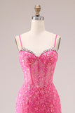Fuchsia Organza zeemeermin korset Spaghetti bandjes lange galajurk met applicaties