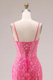 Fuchsia Organza zeemeermin korset Spaghetti bandjes lange galajurk met applicaties