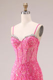 Fuchsia Organza zeemeermin korset Spaghetti bandjes lange galajurk met applicaties