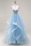 Hemelsblauwe organza V-hals appliqueerde lange baljurk met gerimpelen