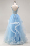 Hemelsblauwe organza V-hals appliqueerde lange baljurk met gerimpelen
