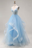 Hemelsblauwe organza V-hals appliqueerde lange baljurk met gerimpelen