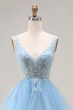 Hemelsblauwe organza V-hals appliqueerde lange baljurk met gerimpelen