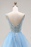 Hemelsblauwe organza V-hals appliqueerde lange baljurk met gerimpelen